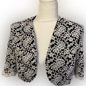 R&M Richards Shrug Black White Silver Short Sleeve Crop Bolero Sparkle Size 10